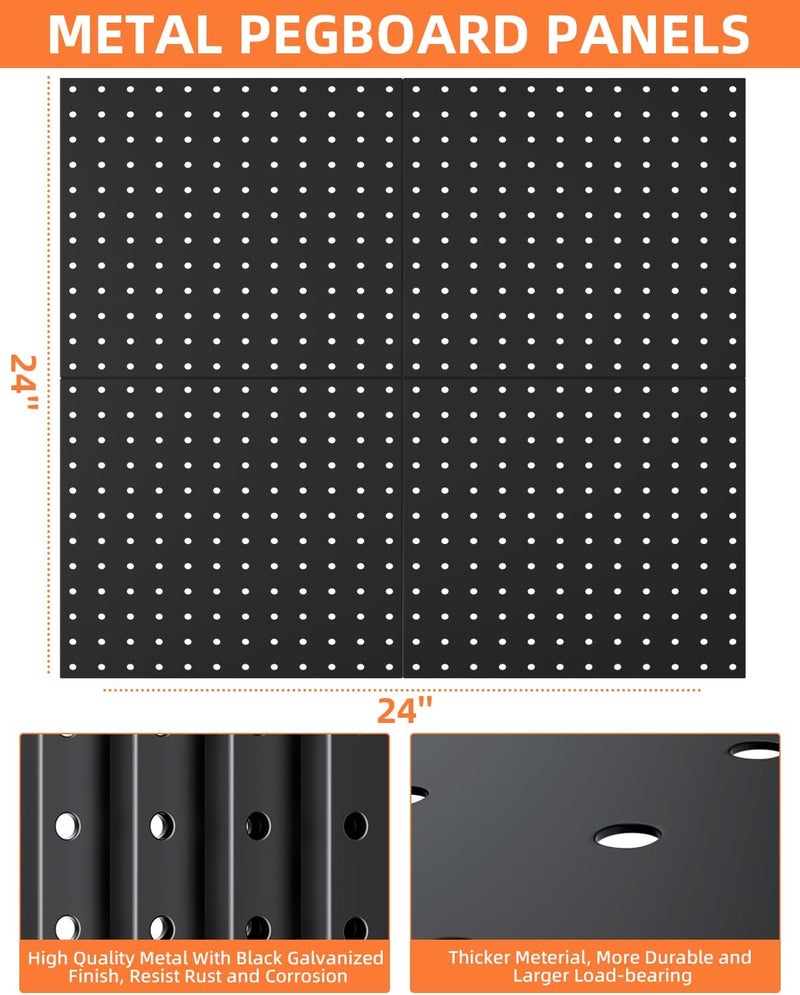 INCLY 4 Pack 12"x12" Black Metal Pegboard Panels, Heavy Duty Pegboard Wall Organizer with Frame, Black Peg Board for Walls, Garage, Workbench, Shed, Kitchen, Craft Room Tool Organization - Image 4